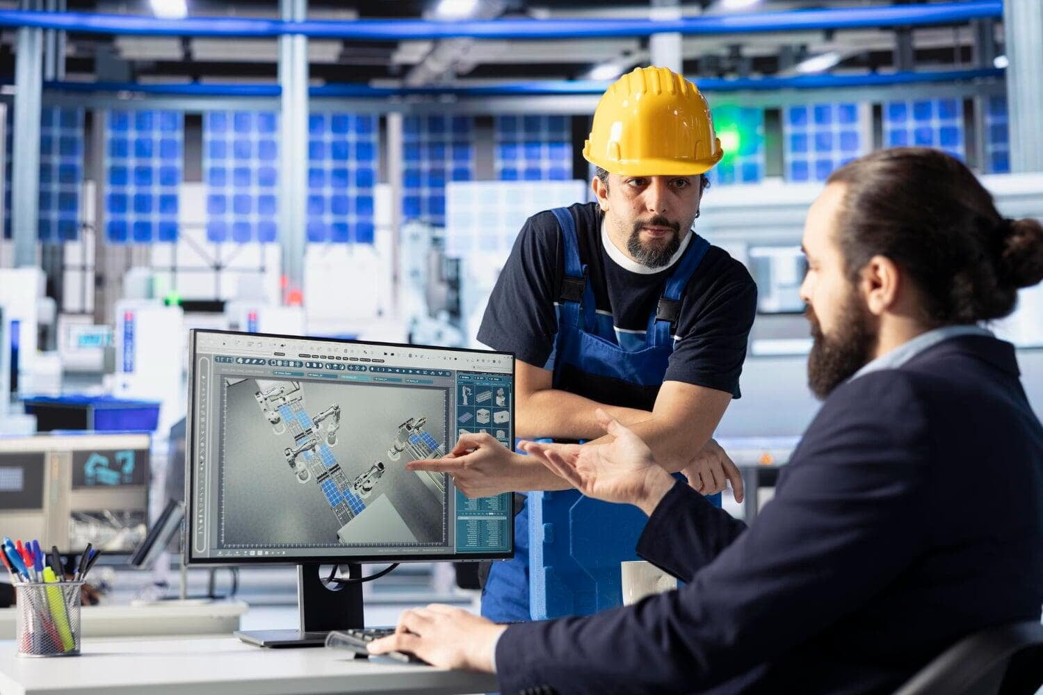 Ingenieure besprechen eine Anlagenplanung am Bildschirm